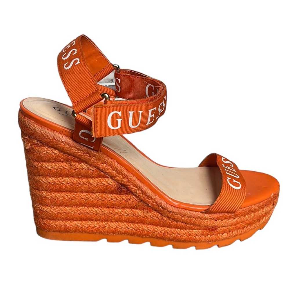 Women GUESS Orange Spell Out Logo Ankle Strap Espadrille Sandal Shoe